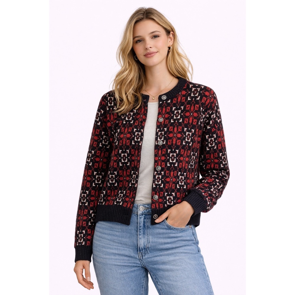 Jersild Cardigan Sweater Womens Medium Red Black Wool‎ Fair Isle Vintage Nordic